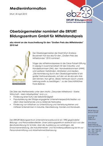 Oberbürgermeister nominiert die ERFURT Bildungszentrum GmbH ...