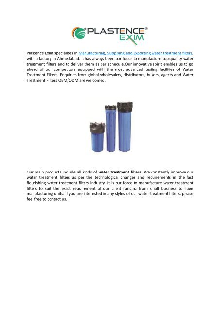 Plastence Exim - Best Water Treatment Filters Manufacturer in India