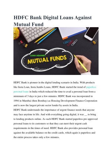 HDFC Bank Digital Loans Against Mutual Fund