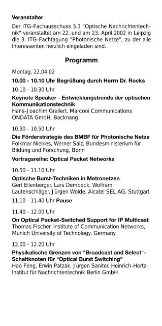 3. ITG-Fachtagung Photonische Netze 2002