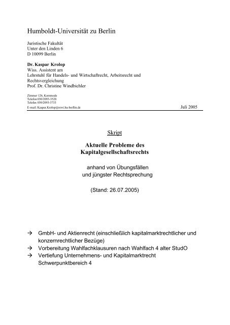 Aktuelle Probleme des Kapitalgesellschaftsrechts - Lehrstuhl Prof ...