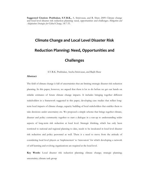 Climate Change and Local Level Disaster Risk Reduction Planning ...