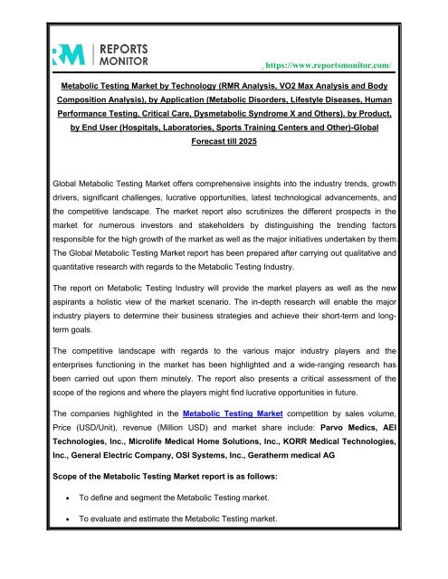 Metabolic Testing Market – Global Industry Size, Share, Analysis, Trend & Forecast to 2025