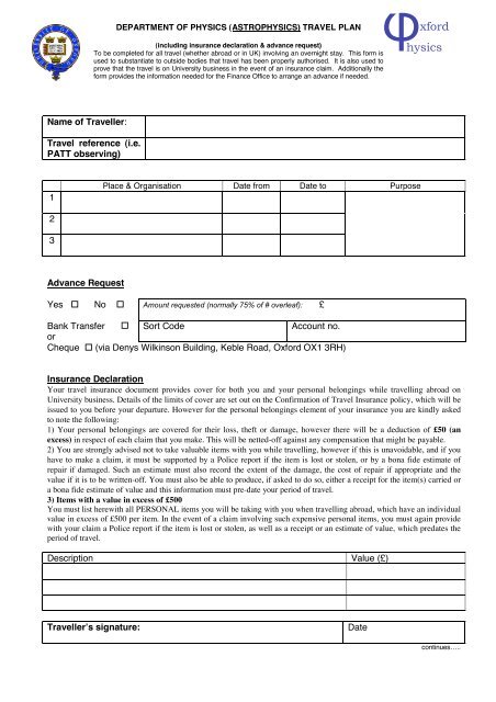 Travel Plan Form - Astrophysics