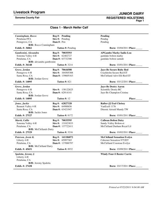 Livestock Program JUNIOR DAIRY - Sonoma County Fairgrounds