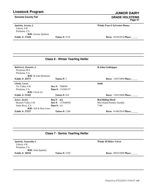 Livestock Program JUNIOR DAIRY - Sonoma County Fairgrounds