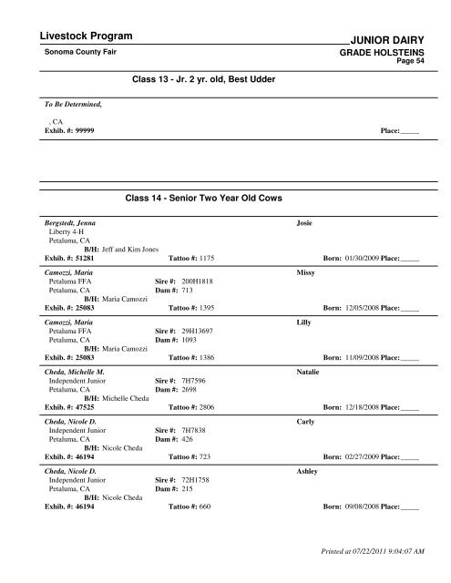 Livestock Program JUNIOR DAIRY - Sonoma County Fairgrounds
