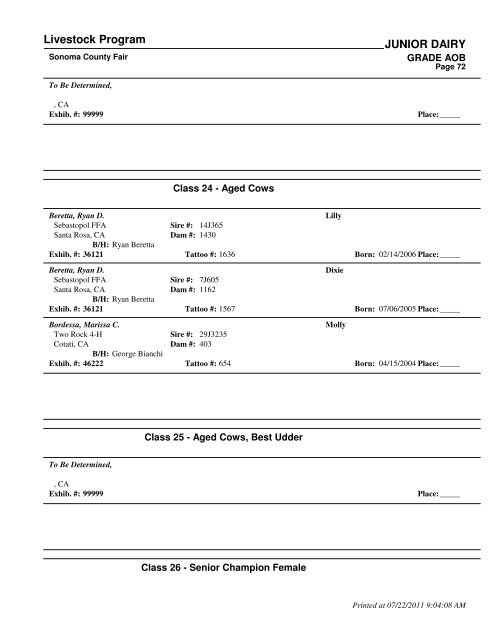 Livestock Program JUNIOR DAIRY - Sonoma County Fairgrounds