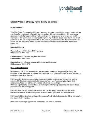 GPS Safety Summary for polybutene-1 - LyondellBasell