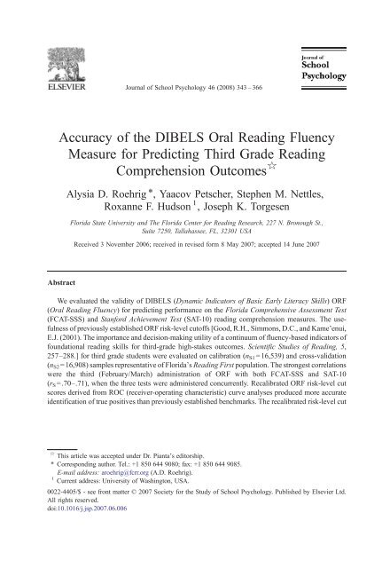 Accuracy of the dibels oral reading fluency measure for 