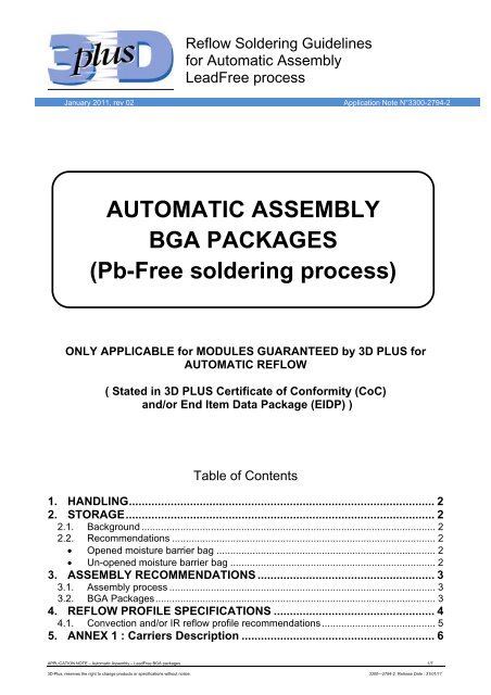 AUTOMATIC ASSEMBLY BGA PACKAGES (Pb-Free ... - 3D Plus