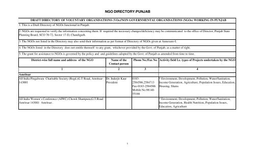 NGO DIRECTORY:PUNJAB - Punjab State Planning Board