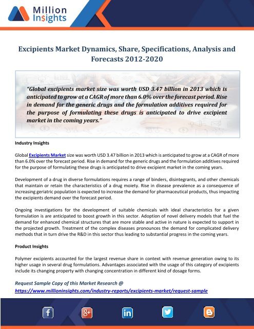 Excipients Market Dynamics, Share, Specifications, Analysis and Forecasts 2012-2020