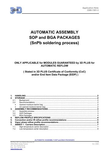 AUTOMATIC ASSEMBLY SOP and BGA PACKAGES ... - 3D Plus