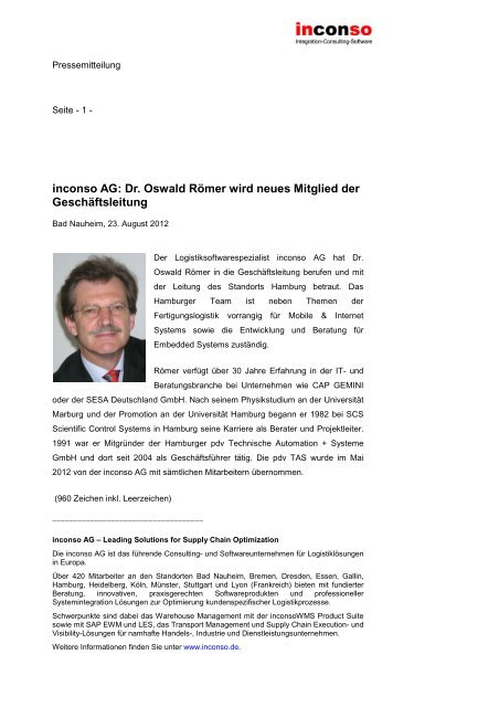 Dr. Oswald Römer wird - Inconso AG