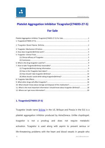 Platelet Aggregation Inhibitor Ticagrelor(274693-27-5) for sale