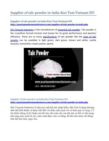 Supplier of talc powder in India Kon Tum Vietnam SVI