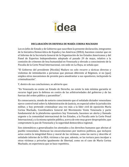 Declaración del Grupo IDEA denunciando la persecución del presidente Nicolás Maduro a la líder política María Corina Machado