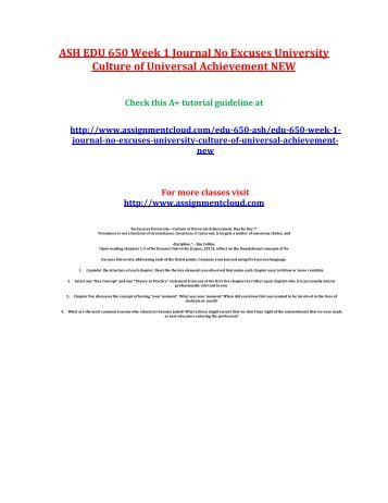 ASH EDU 650 Week 1 Journal No Excuses University Culture of Universal Achievement NEW