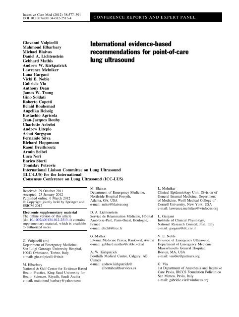 Volpicelli et al. Point-of-Care Lung ultrasound Consensus 2011 led by WINFOCUS