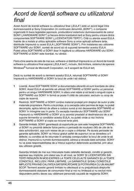 Sony VGN-SR49VN - VGN-SR49VN Documents de garantie Roumain