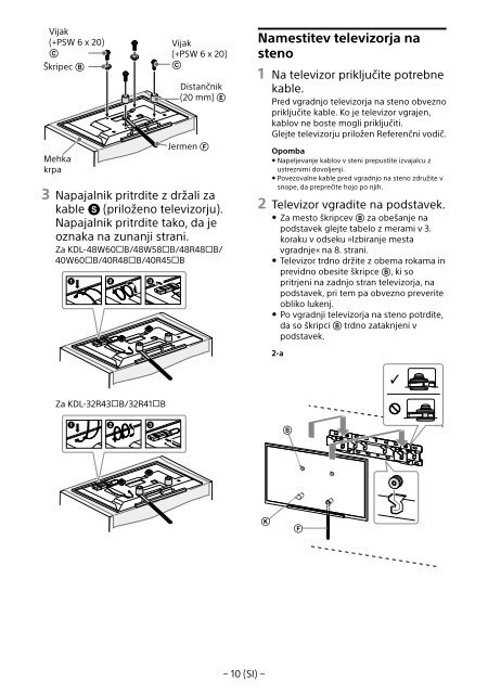 Sony KDL-40R480B - KDL-40R480B Informazioni sulla staffa per montaggio a parete