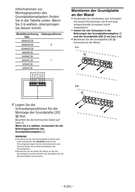 Sony KDL-40R480B - KDL-40R480B Informazioni sulla staffa per montaggio a parete