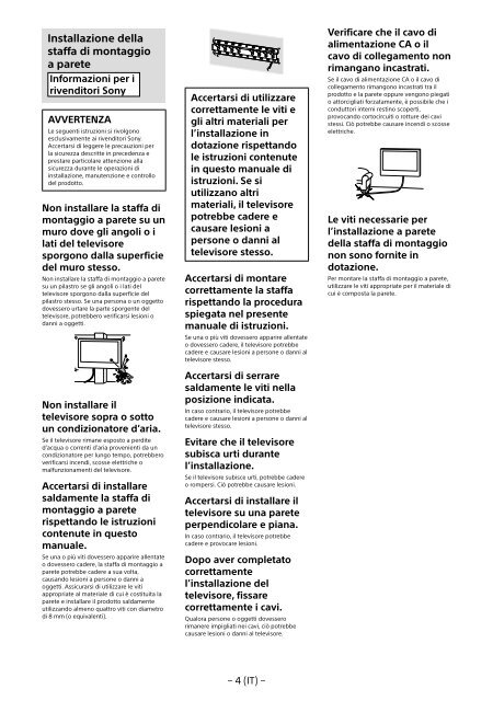 Sony KDL-40R480B - KDL-40R480B Informazioni sulla staffa per montaggio a parete