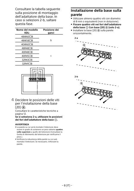 Sony KDL-40R480B - KDL-40R480B Informazioni sulla staffa per montaggio a parete