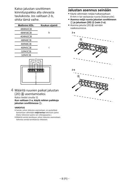 Sony KDL-40R480B - KDL-40R480B Informazioni sulla staffa per montaggio a parete Estone