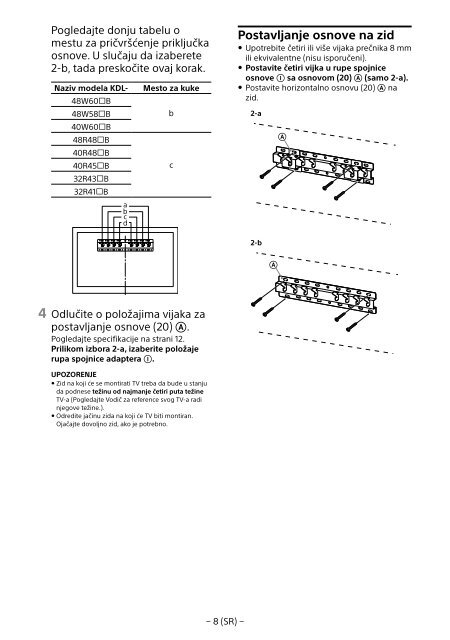 Sony KDL-40R480B - KDL-40R480B Informazioni sulla staffa per montaggio a parete Estone