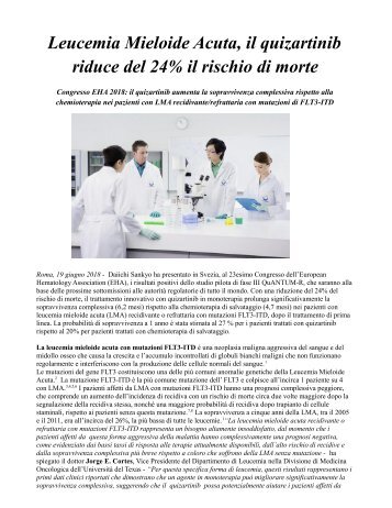 Quizartinib riduce del 24% il rischio di morte nei pazienti con LMA