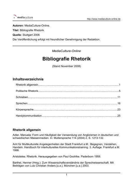 Bibliografie Rhetorik - Mediaculture online