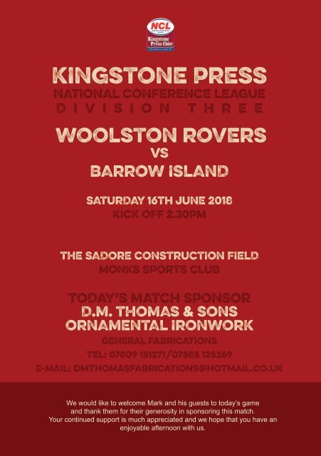 2018 Woolston Rovers Matchday Programme Barrow Island 160618