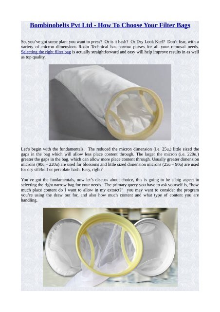 Bombinobelts Pvt Ltd - How To Choose Your Filter Bags