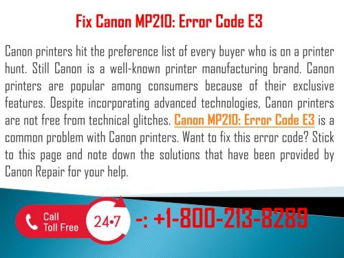1-800-213-8289 Fix Canon MP210: Error Code E3