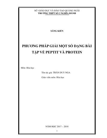 SÁNG KIẾN PHƯƠNG PHÁP GIẢI MỘT SỐ DẠNG BÀI TẬP VỀ PEPTIT VÀ PROTEIN (2018)