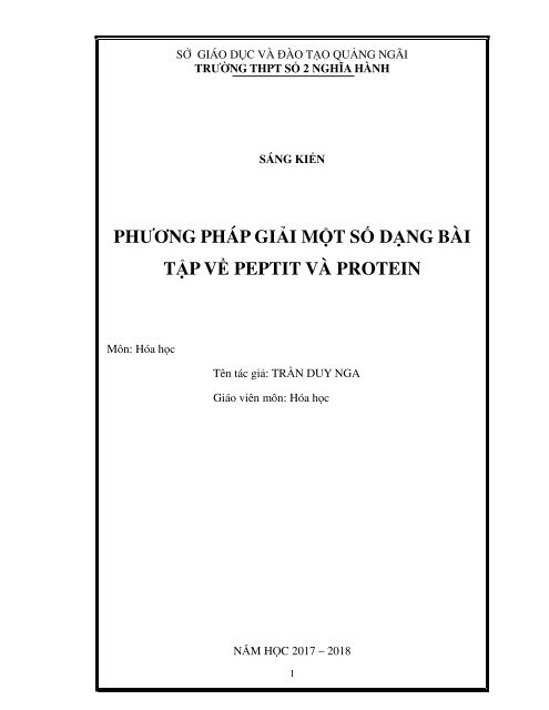 SÁNG KIẾN PHƯƠNG PHÁP GIẢI MỘT SỐ DẠNG BÀI TẬP VỀ PEPTIT VÀ PROTEIN (2018)