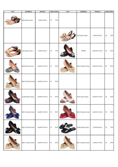 Tabela de preços - Sapatos Torricella