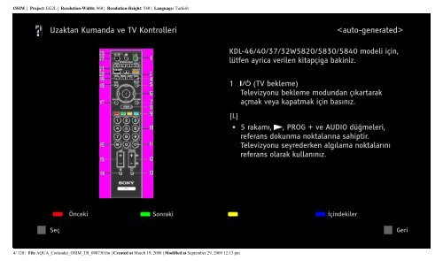 Sony KDL-46W5820 - KDL-46W5820 Consignes d&rsquo;utilisation Turc