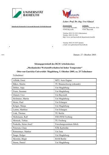 Protokoll der Sitzung - Lehrstuhl Metallische Werkstoffe - Universität ...