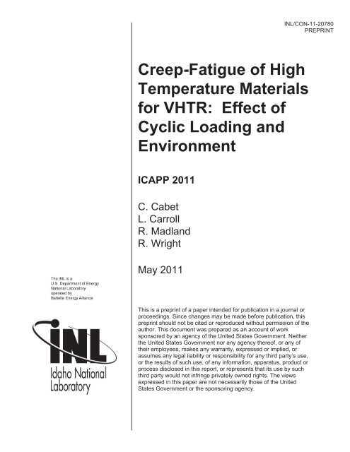 Creep-fatigue of High Temperature Materials for VHTR: Effect of ...