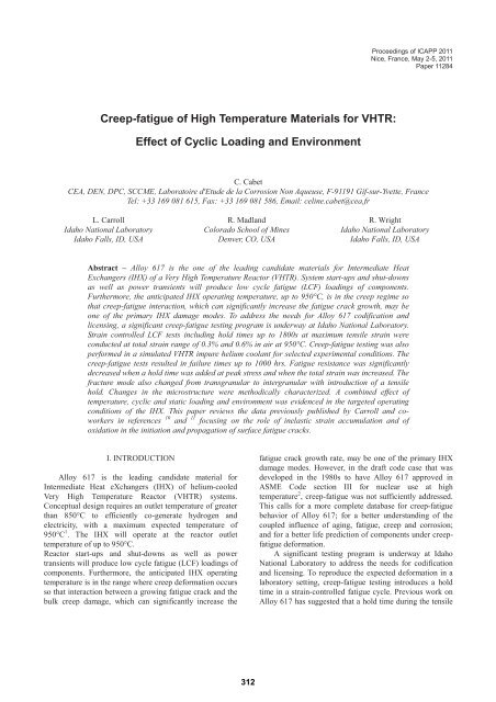 Creep-fatigue of High Temperature Materials for VHTR: Effect of ...