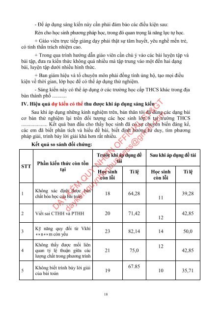 SKKN MÔN HÓA THCS 2018 - Một số giải pháp nhằm hình thành cho học sinh kĩ năng tính theo CTHH - PTHH