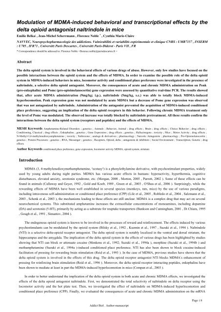 Modulation of MDMA-induced behavioral and ... - HAL - INSERM