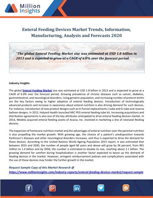 Enteral Feeding Devices Market Trends, Information, Manufacturing, Analysis and Forecasts 2020