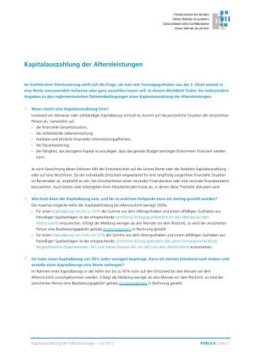 Kapitalauszahlung der Altersleistungen - Publica