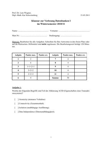 Klausur zur Vorlesung Datenbanken I im Wintersemester 2010/11