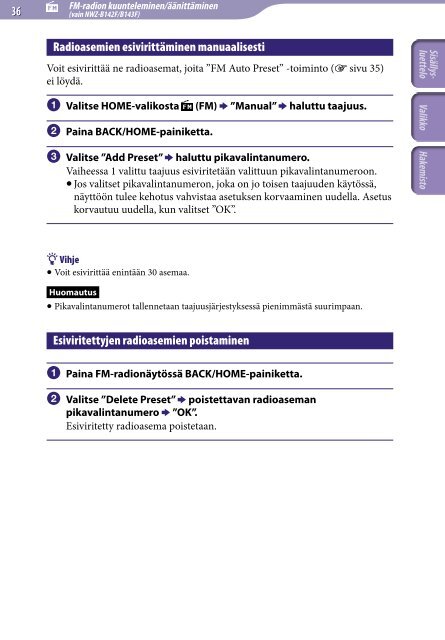 Sony NWZ-B143 - NWZ-B143 Consignes d&rsquo;utilisation Finlandais