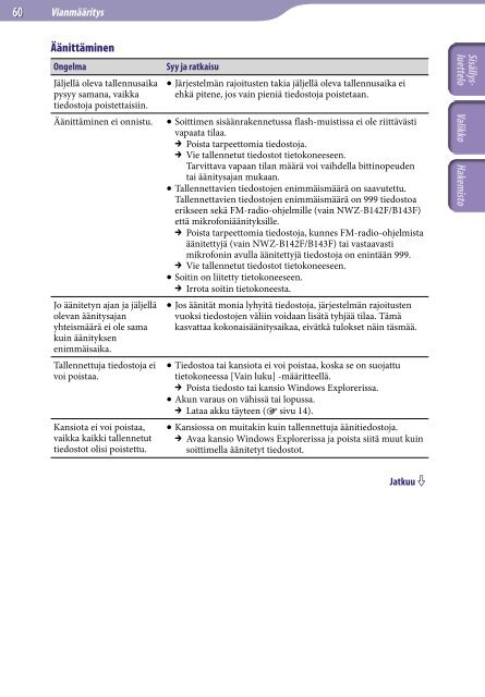 Sony NWZ-B143 - NWZ-B143 Consignes d&rsquo;utilisation Finlandais